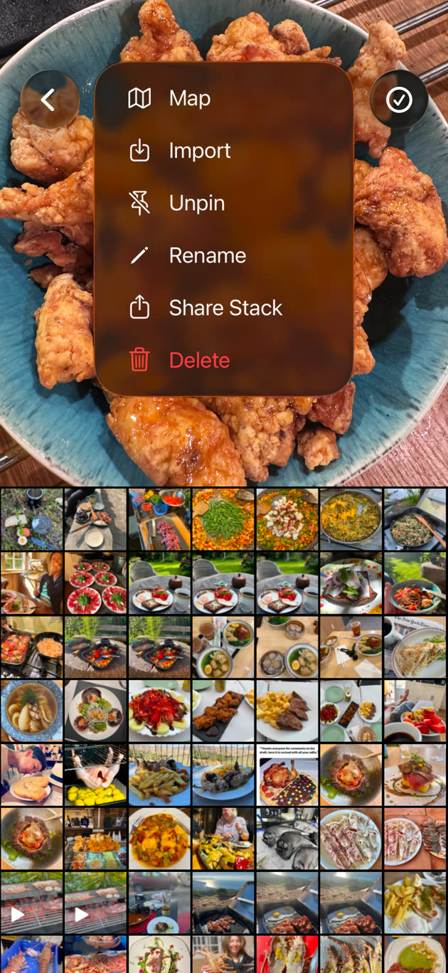 Photolog album menu with map, import, rename, share and delete actions over a photo grid