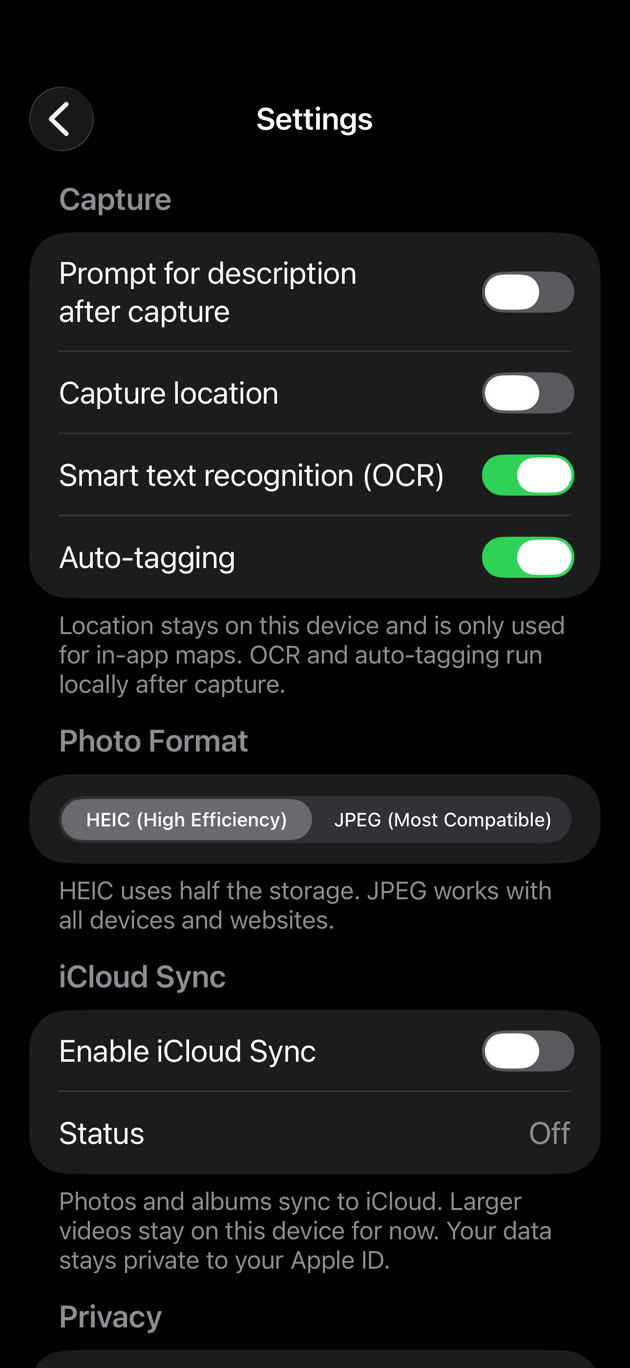 Photolog settings screen with iCloud sync enabled and privacy controls